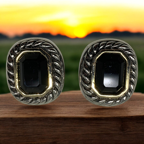 Vintage 1980's Southwestern Rope Framed Black Clip On Earrings Couture Runway - Picture 1 of 5